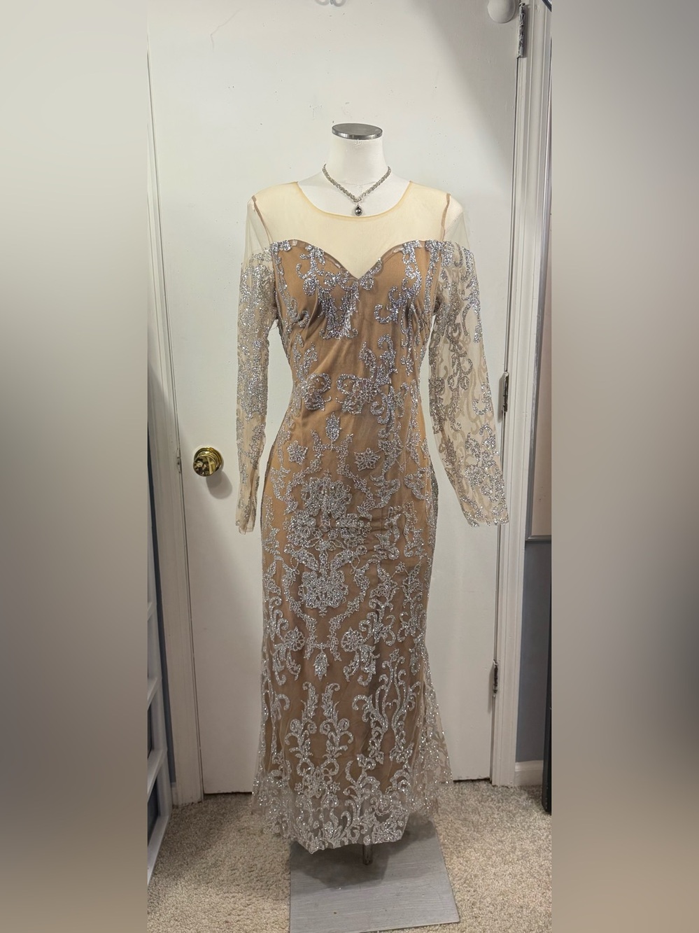 Embellished Long-Sleeve Evening Gown in Nude and Silver